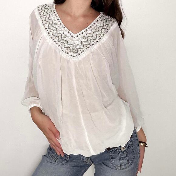 White sheer studio y flowy blouse with beaded neckline - Picture 1 of 6